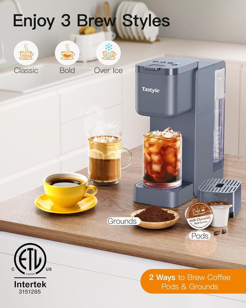 Tastyle Single Serve Hot & Iced Coffee Maker with Strong Brew, 40oz Removable Reservoir, 6 Brew Sizes, Compatible with K Cup and Grounds, Compact for Home, Office, RV and Dorm, Gray (2.0 Version) - Image 2